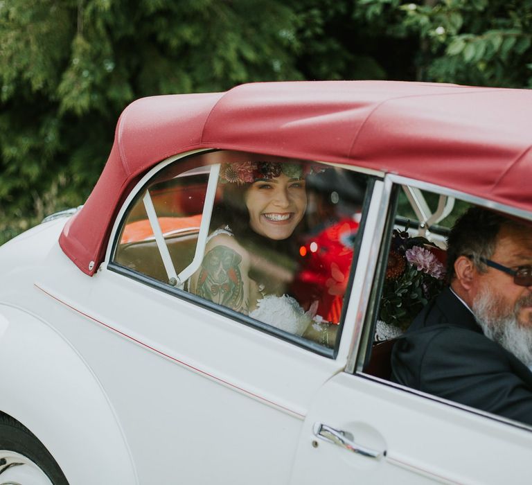 Tattooed Bride in Convertible Wedding Car with Flower Crown