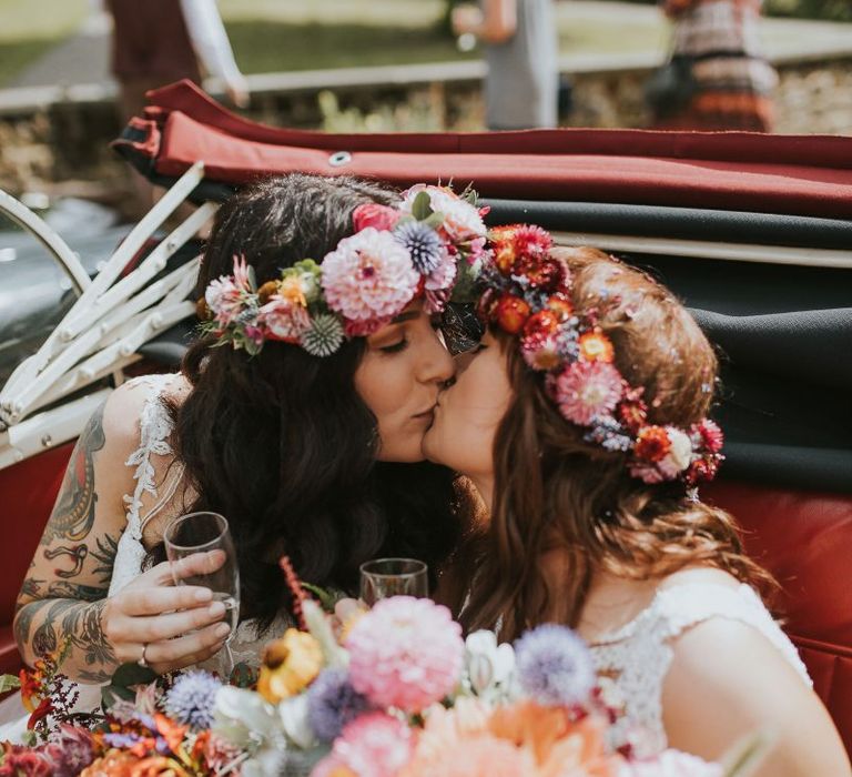 Two Brides in Colourful Dahlia Flower Crowns