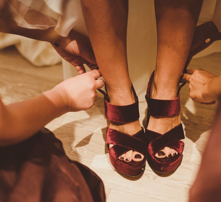 Suede Kurt Geiger Platform Shoes | Burgundy &amp; Gold Winter Wedding at Ramster Hall Weddings, Surrey | Matt Penberthy Photography | John Harris Wedding Films