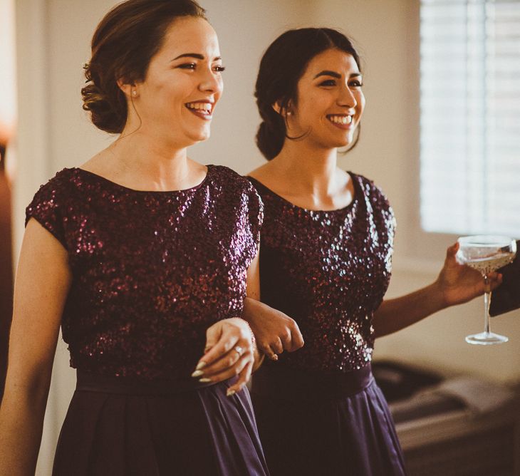 Bridesmaids in Coast Burgundy Separates | Sequin Top &amp; High Low Skirts | Burgundy &amp; Gold Winter Wedding at Ramster Hall Weddings, Surrey | Matt Penberthy Photography | John Harris Wedding Films