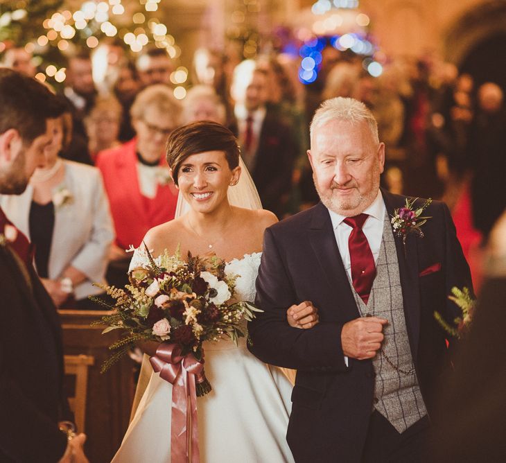 Church Wedding Ceremony | Bridal Entrance in Lillian West Bridal Separates | Groom in Navy Suit &amp; Tweed Waistcoat | Burgundy &amp; Gold Winter Wedding at Ramster Hall Weddings, Surrey | Matt Penberthy Photography | John Harris Wedding Films