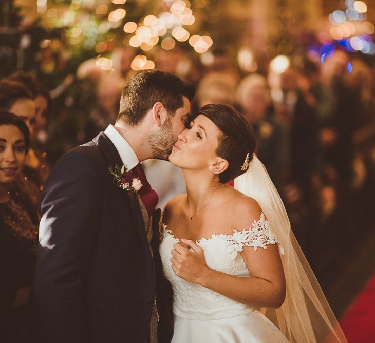 Church Wedding Ceremony | Bride in Lillian West Bridal Separates | Groom in Navy Suit &amp; Tweed Waistcoat | Burgundy &amp; Gold Winter Wedding at Ramster Hall Weddings, Surrey | Matt Penberthy Photography | John Harris Wedding Films