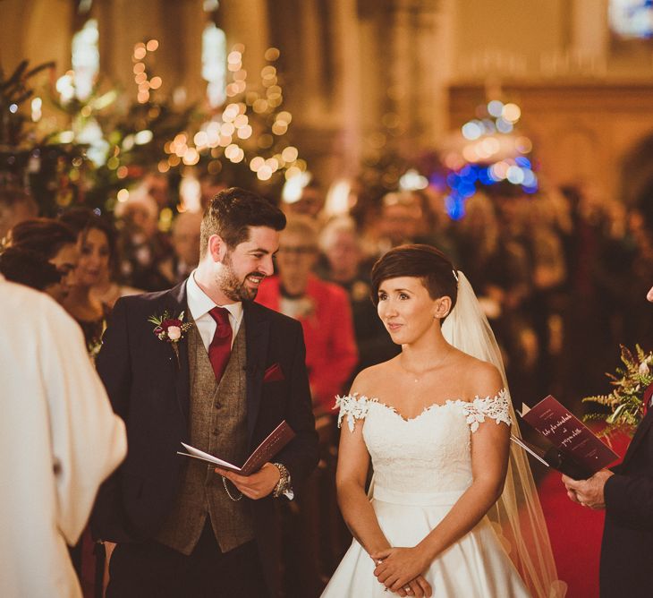 Church Wedding Ceremony | Bride in Lillian West Bridal Separates | Groom in Navy Suit &amp; Tweed Waistcoat | Burgundy &amp; Gold Winter Wedding at Ramster Hall Weddings, Surrey | Matt Penberthy Photography | John Harris Wedding Films