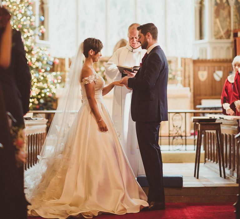 Church Wedding Ceremony | Bride in Lillian West Bridal Separates | Groom in Navy Suit &amp; Tweed Waistcoat | Burgundy &amp; Gold Winter Wedding at Ramster Hall Weddings, Surrey | Matt Penberthy Photography | John Harris Wedding Films