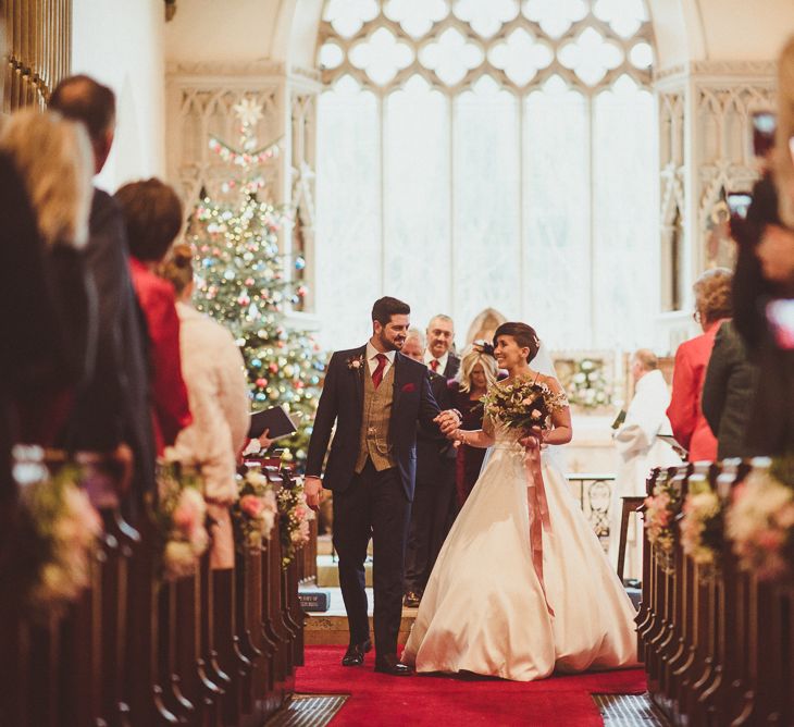 Church Wedding Ceremony | Bride in Lillian West Bridal Separates | Groom in Navy Suit &amp; Tweed Waistcoat | Burgundy &amp; Gold Winter Wedding at Ramster Hall Weddings, Surrey | Matt Penberthy Photography | John Harris Wedding Films