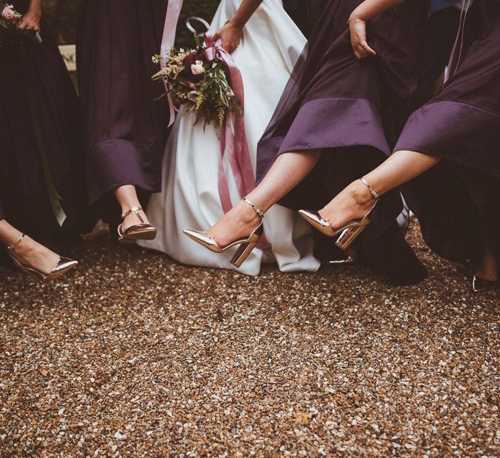 Rose Gold Bridal Party Shoes | Burgundy &amp; Gold Winter Wedding at Ramster Hall Weddings, Surrey | Matt Penberthy Photography | John Harris Wedding Films