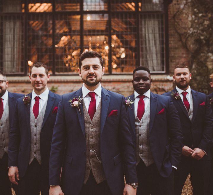 Groomsmen in Navy Suits &amp; Tweed Waistcoats | Burgundy &amp; Gold Winter Wedding at Ramster Hall Weddings, Surrey | Matt Penberthy Photography | John Harris Wedding Films