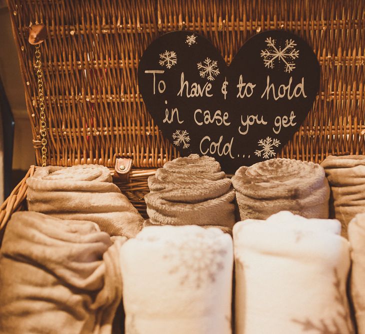 To Have &amp; To Hold in Case You Get Cold Blanket Box | Wedding Decor | Burgundy &amp; Gold Winter Wedding at Ramster Hall Weddings, Surrey | Matt Penberthy Photography | John Harris Wedding Films