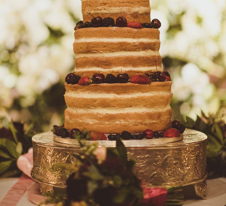 Homemade Naked Wedding Cake | Burgundy &amp; Gold Winter Wedding at Ramster Hall Weddings, Surrey | Matt Penberthy Photography | John Harris Wedding Films