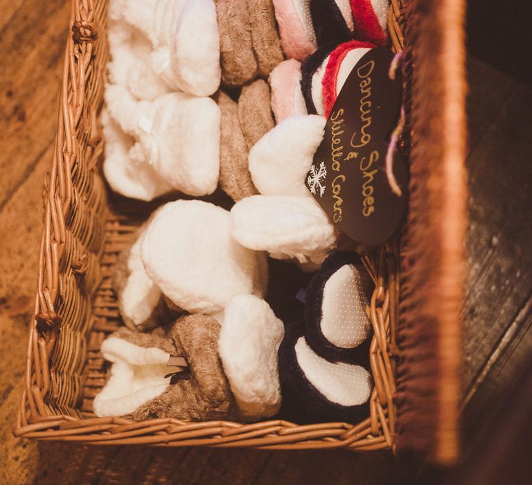 Box of Wedding Slippers for Tired Feet | Burgundy &amp; Gold Winter Wedding at Ramster Hall Weddings, Surrey | Matt Penberthy Photography | John Harris Wedding Films