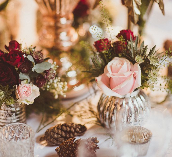 Wedding Table Flowers | Burgundy &amp; Gold Winter Wedding at Ramster Hall Weddings, Surrey | Matt Penberthy Photography | John Harris Wedding Films