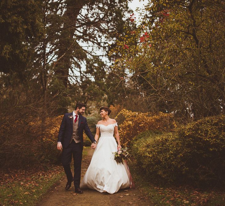 Bride in Lillian West Bridal Separates | Groom in Navy Suit &amp; Tweed Waistcoat | Burgundy &amp; Gold Winter Wedding at Ramster Hall Weddings, Surrey | Matt Penberthy Photography | John Harris Wedding Films