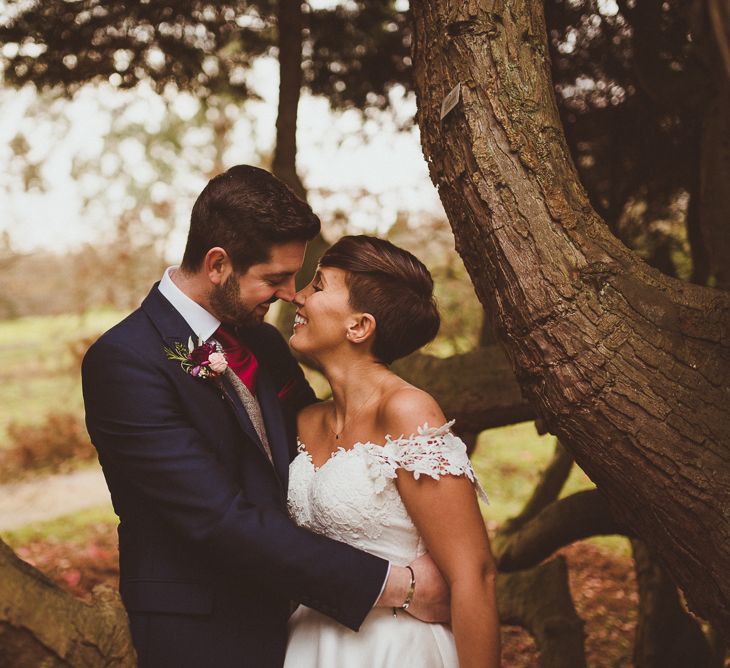 Bride in Lillian West Bridal Separates | Groom in Navy Suit &amp; Tweed Waistcoat | Burgundy &amp; Gold Winter Wedding at Ramster Hall Weddings, Surrey | Matt Penberthy Photography | John Harris Wedding Films