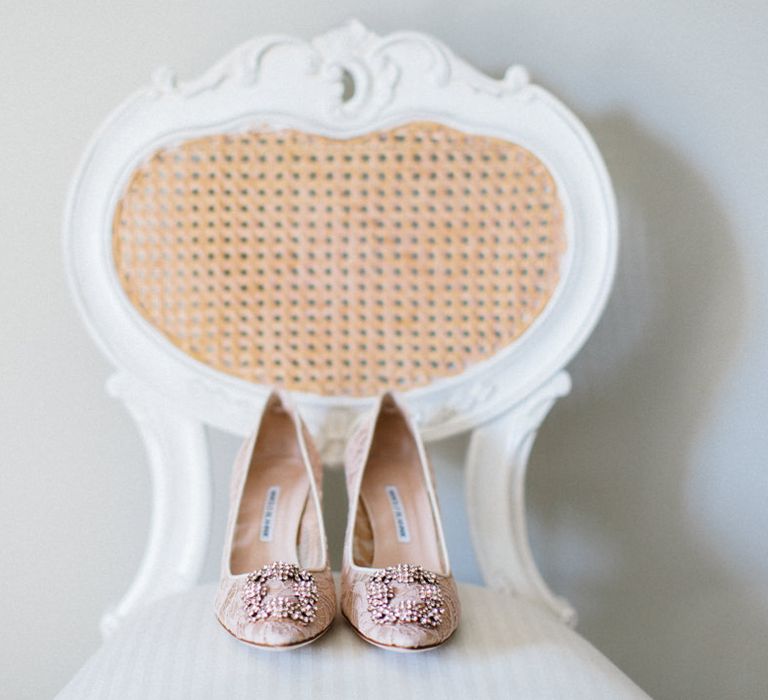 Shoe Detail | Papakata Sperry Tent Wedding at family home | Sassi Holford Dress with added ivory Ostrich feathers to veil | Manolo Blahnik shoes | Images by Melissa Beattie