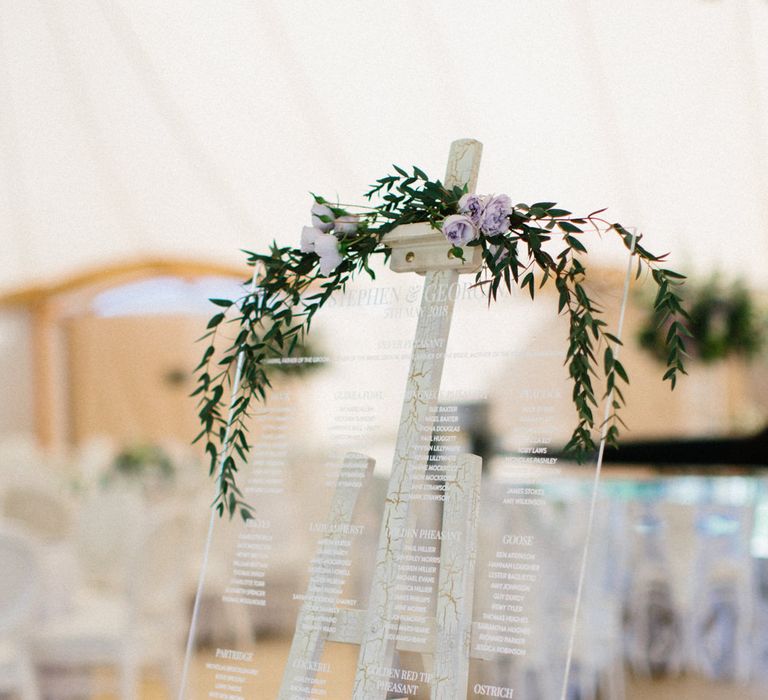 Acrylic table plan | Papakata Sperry Tent Wedding at family home | Sassi Holford Dress with added ivory Ostrich feathers to veil | Manolo Blahnik shoes | Images by Melissa Beattie