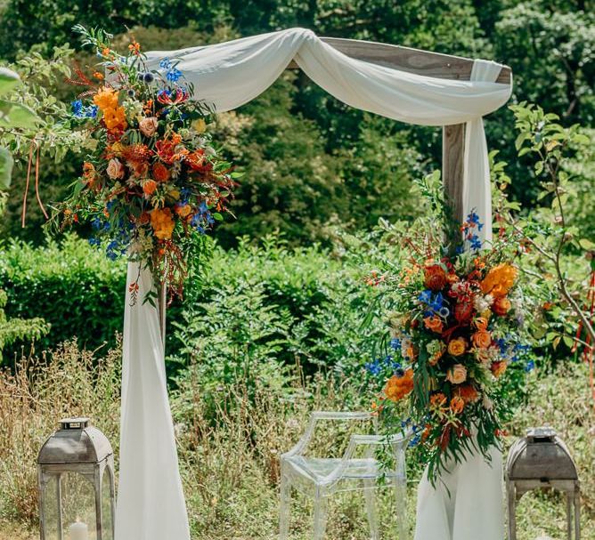 Bright wedding decorations and flowers for ceremony