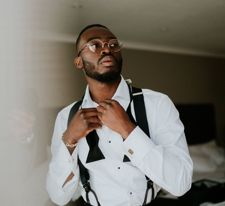 Groom on tuxedo