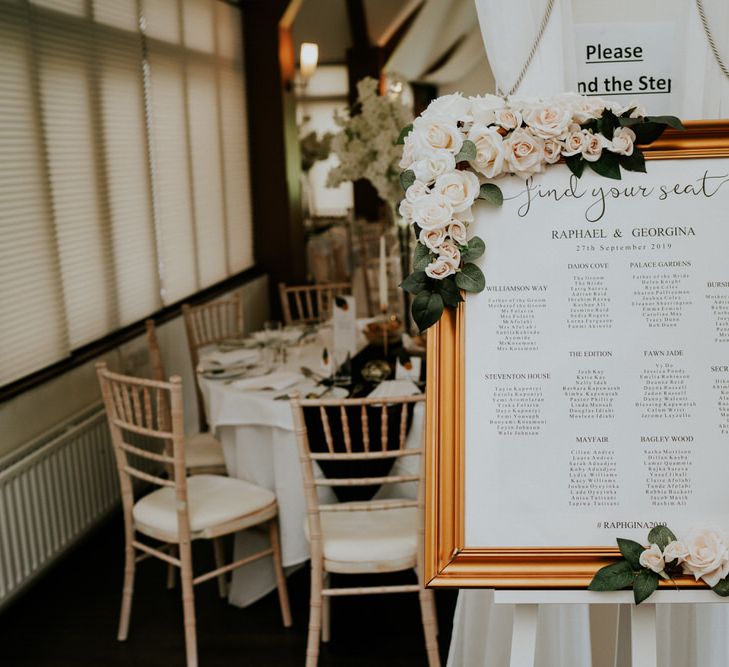 Framed seating chart with rose decor