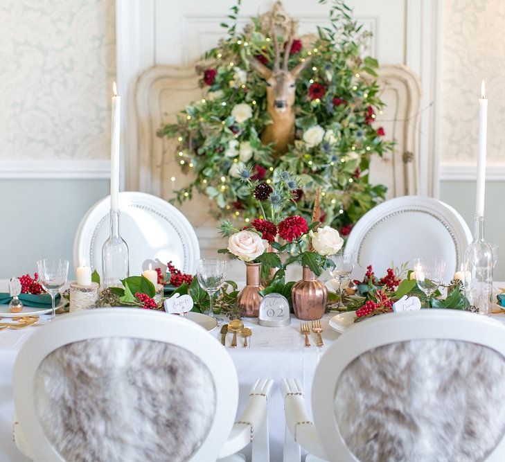 Winter Wedding Tablescape // Gingerbread House For A Festive Christmas Wedding With Red And White Florals Stag Motif Stationery Planned &amp; Styled By La Fete Anneli Marinovich Photography