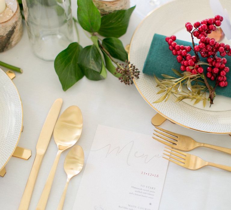 Red Berry Details For Winter Wedding // Gingerbread House For A Festive Christmas Wedding With Red And White Florals Stag Motif Stationery Planned &amp; Styled By La Fete Anneli Marinovich Photography