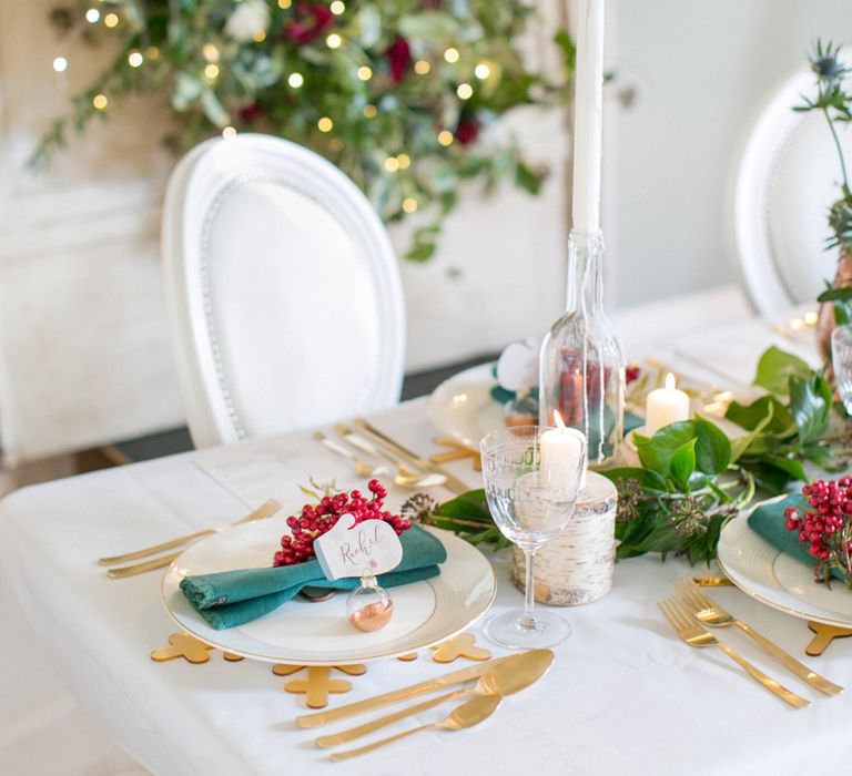 Winter Wedding Tablescape // Gingerbread House For A Festive Christmas Wedding With Red And White Florals Stag Motif Stationery Planned &amp; Styled By La Fete Anneli Marinovich Photography