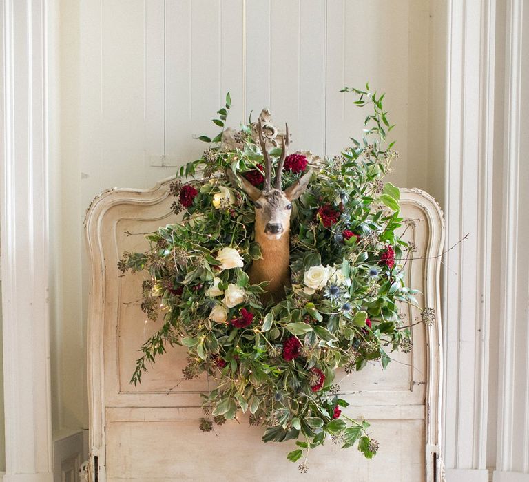 Winter Wedding Styling // Christmas Wreathe // Gingerbread House For A Festive Christmas Wedding With Red And White Florals Stag Motif Stationery Planned &amp; Styled By La Fete Anneli Marinovich Photography