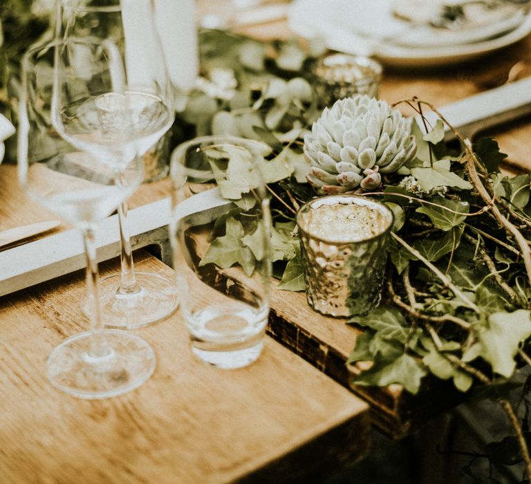 Botanical Table Runner For Wedding // Glasshouse Wedding At Anran In Devon // Image By Paige Grace Photography // Film By The Wild Bride