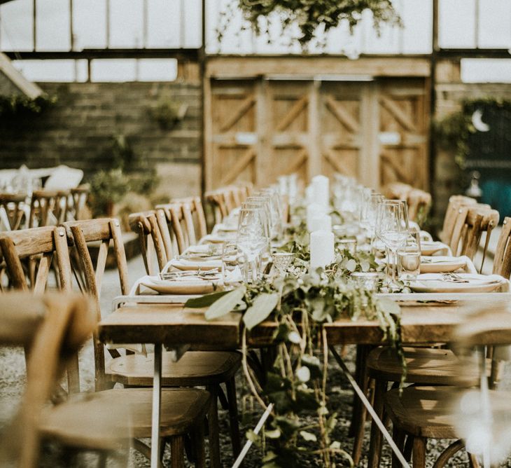 Botanical Table Runner For Wedding // Glasshouse Wedding At Anran In Devon // Image By Paige Grace Photography // Film By The Wild Bride