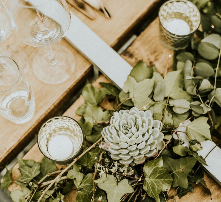 Botanical Table Runner For Wedding // Glasshouse Wedding At Anran In Devon // Image By Paige Grace Photography // Film By The Wild Bride