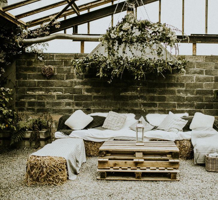 Boho Chill Out Area For Wedding // Glasshouse Wedding At Anran In Devon // Image By Paige Grace Photography // Film By The Wild Bride