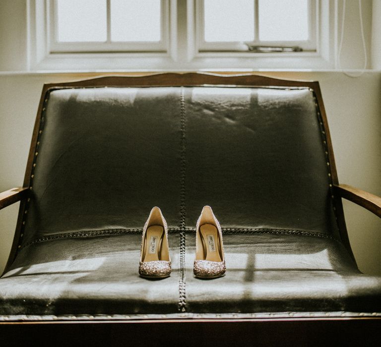 Glitter Jimmy Choo Wedding Shoes // Glasshouse Wedding At Anran In Devon // Image By Paige Grace Photography // Film By The Wild Bride