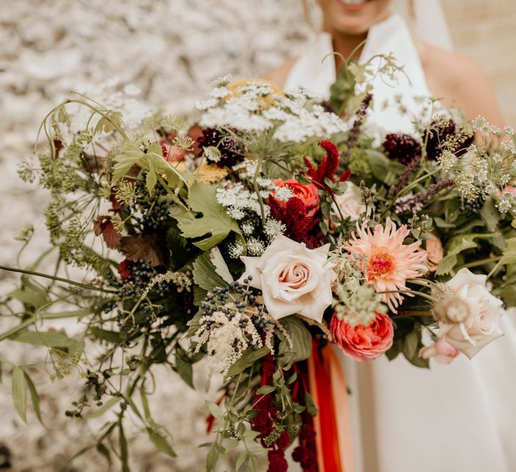 Red And Green Wedding Bouquet With Dahlia And Amaranthus // Image By Green Antlers Photography