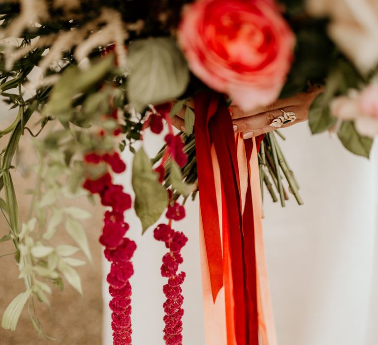 Red And Green Wedding Bouquet With Dahlia And Amaranthus // Image By Green Antlers Photography