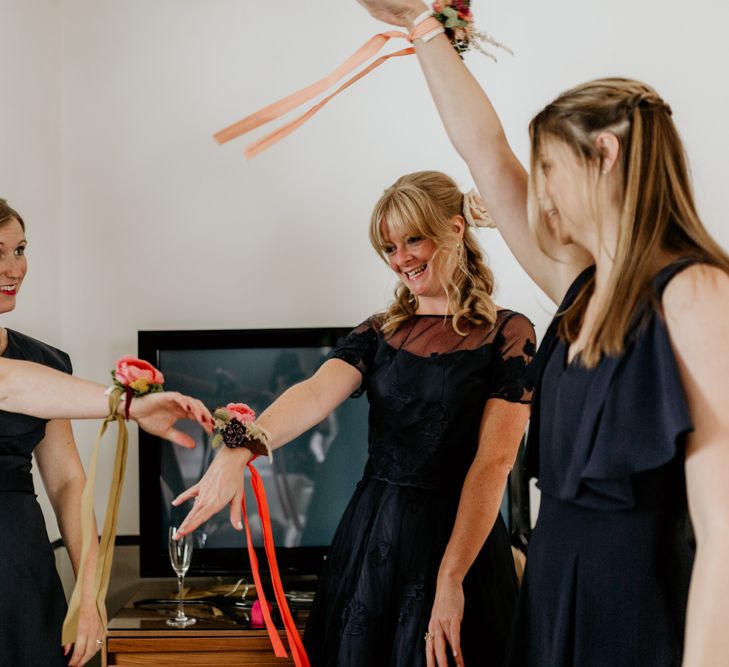 Bridesmaids With Wrist Corsages // Image By Green Antlers Photography