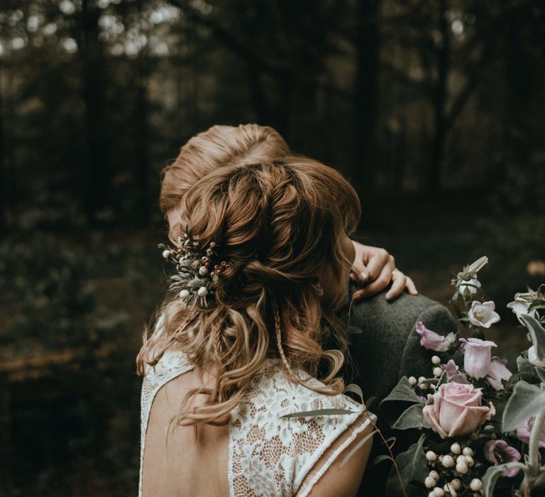 Pinned Wavy Half Up Half Down Wedding Hair with Fresh Flowers