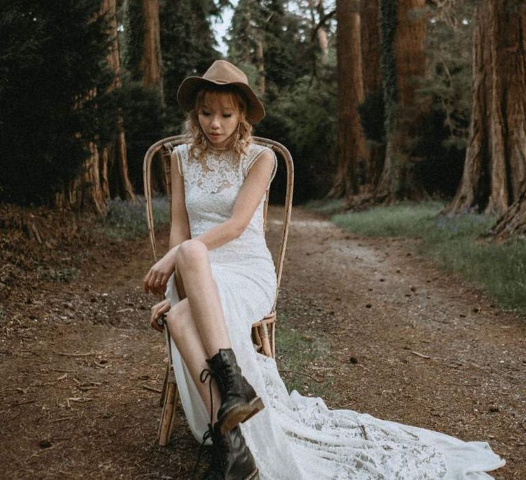 Boho Bride in Lace Wedding Dress with Front Split, Boots and Felt Hat