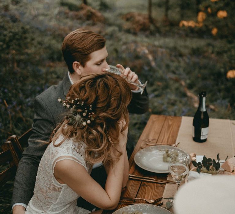 Bride with Half up Half Down Do Enjoying Grazing Table Wedding Breakfast