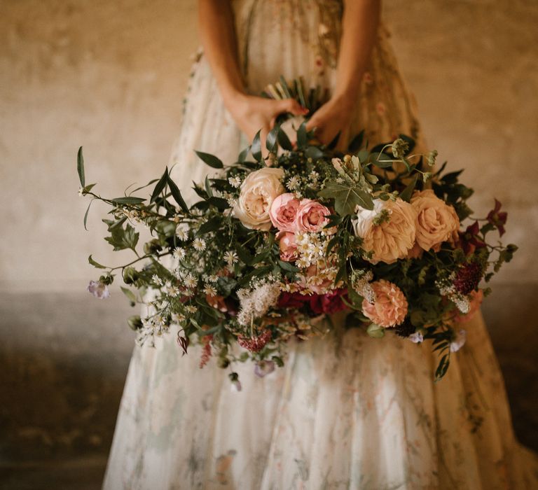 Strapless Embroidered Wedding Dress by Rara Avis | Romantic Bridal Bouquet | Fairytale Tuscan Wedding with Bride in Embroidered Dress | Andrea &amp; Federica Photography