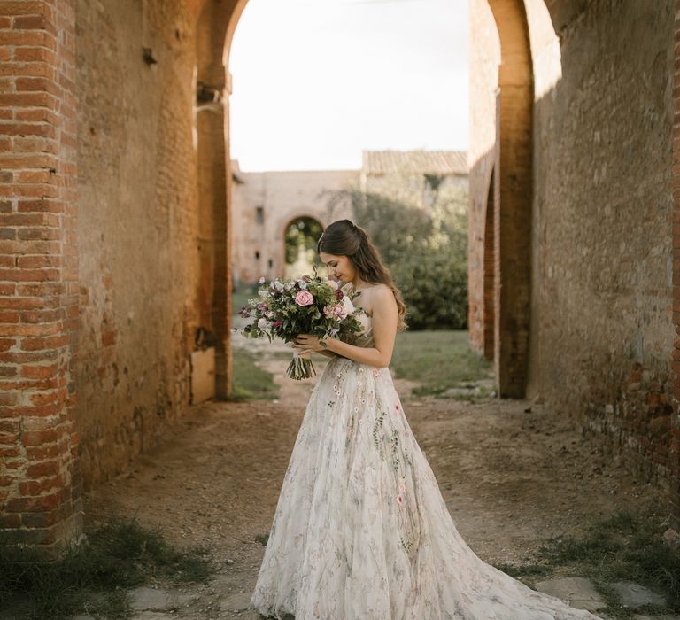 Strapless Embroidered Wedding Dress by Rara Avis | Romantic Bridal Bouquet | Tenuta La Fratta, Tuscany | Fairytale Tuscan Wedding with Bride in Embroidered Dress | Andrea &amp; Federica Photography