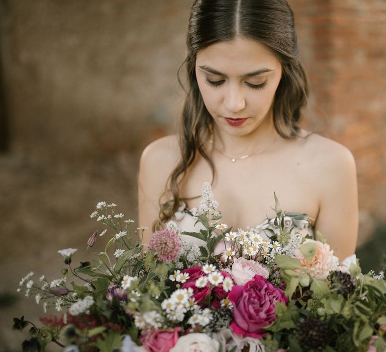 Strapless Embroidered Wedding Dress by Rara Avis | Romantic Bridal Bouquet | Fairytale Tuscan Wedding with Bride in Embroidered Dress | Andrea &amp; Federica Photography