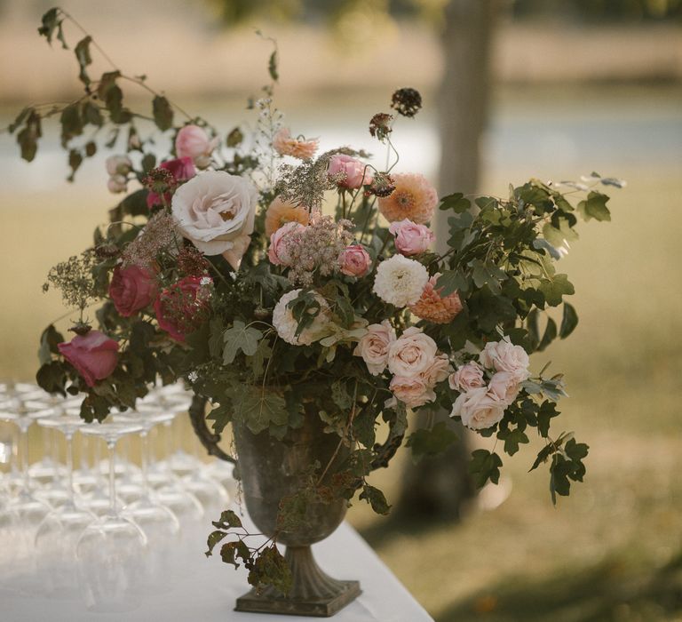 Pink Toned Dahlias | Floral Display | Fairytale Tuscan Wedding with Bride in Embroidered Dress | Andrea &amp; Federica Photography