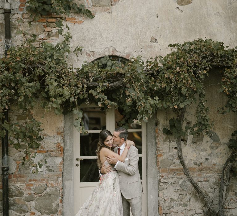 Bride in Strapless Embroidered Wedding Dress by Rara Avis | Groom in Beige Suit with Ochre Tie | Fairytale Tuscan Wedding with Bride in Embroidered Dress | Andrea &amp; Federica Photography