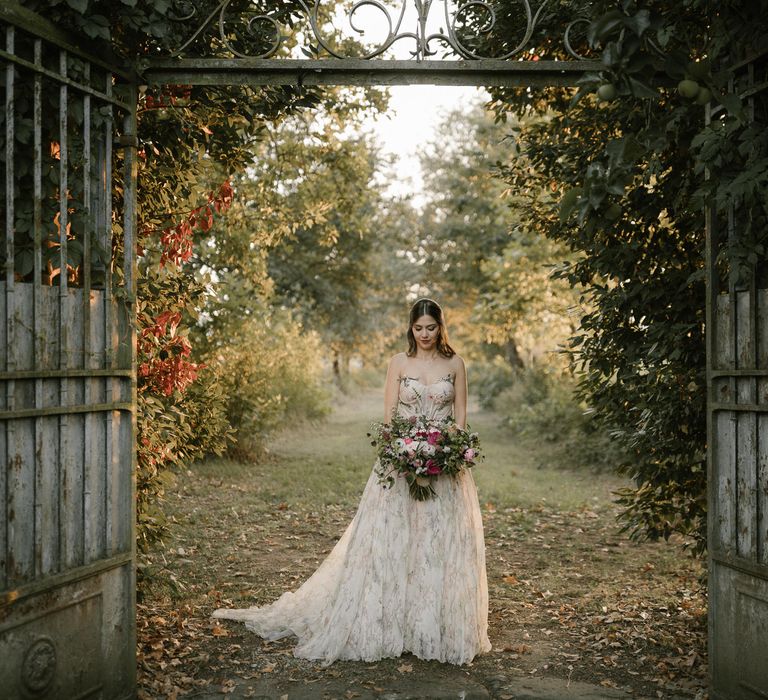 Bride in Strapless Embroidered Wedding Dress by Rara Avis | Fairytale Tuscan Wedding with Bride in Embroidered Dress | Andrea &amp; Federica Photography