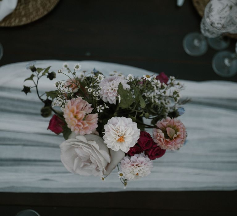 Wedding Reception Decor | Romantic Table Flowers | Soft Linen Table Runner | Fairytale Tuscan Wedding with Bride in Embroidered Dress | Andrea &amp; Federica Photography