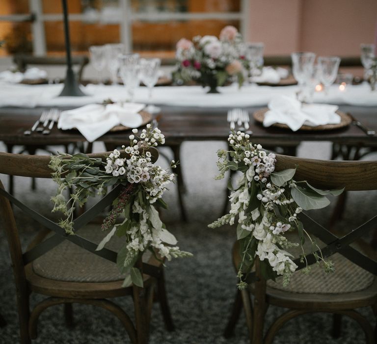 Wedding Reception Decor | Chair Flowers | Soft Linen Table Runner | Fairytale Tuscan Wedding with Bride in Embroidered Dress | Andrea &amp; Federica Photography