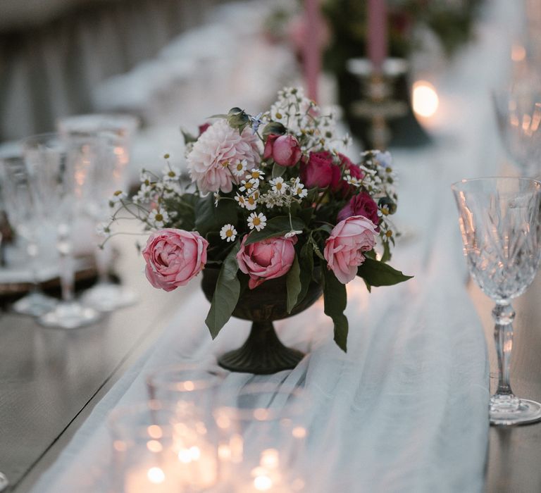 Wedding Reception Decor | Romantic Table Flowers | Soft Linen Table Runner | Pink Tapered Candles | Fairytale Tuscan Wedding with Bride in Embroidered Dress | Andrea &amp; Federica Photography