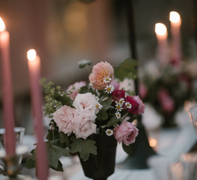 Wedding Reception Decor | Romantic Table Flowers | Pink Tapered Candles | Fairytale Tuscan Wedding with Bride in Embroidered Dress | Andrea &amp; Federica Photography