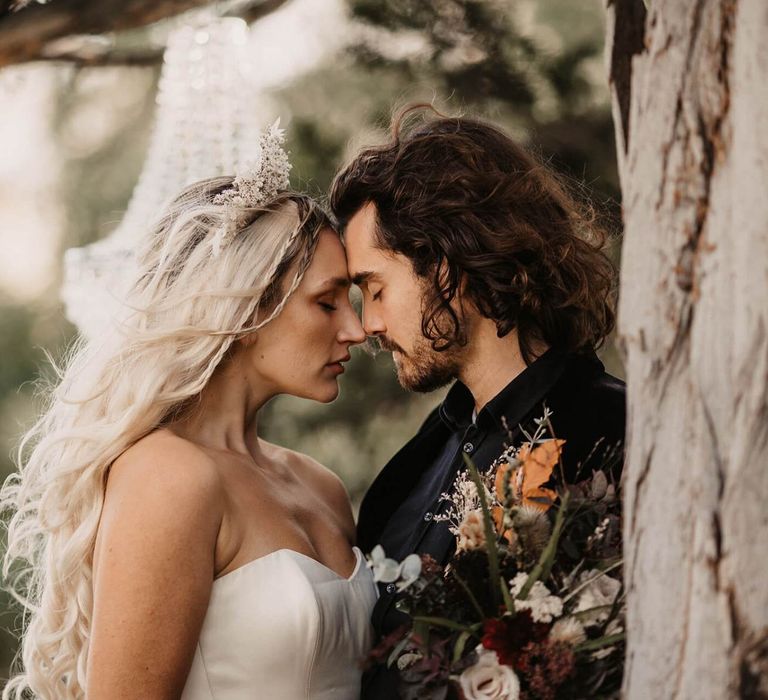 Strapless wedding dress and bridal crown