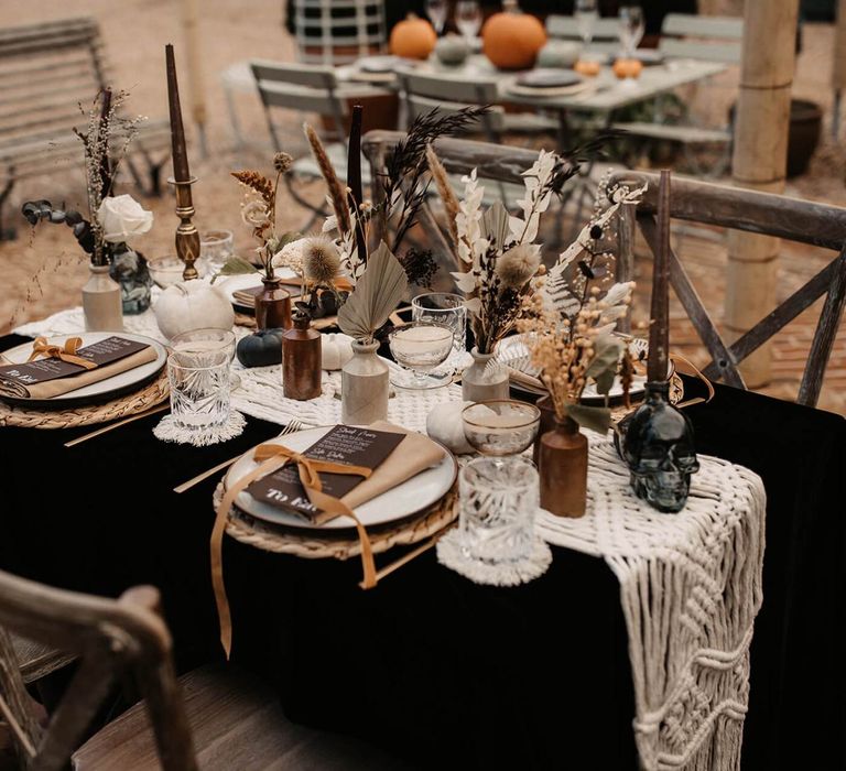 Autumn wedding decor and details at Halloween wedding tablescape