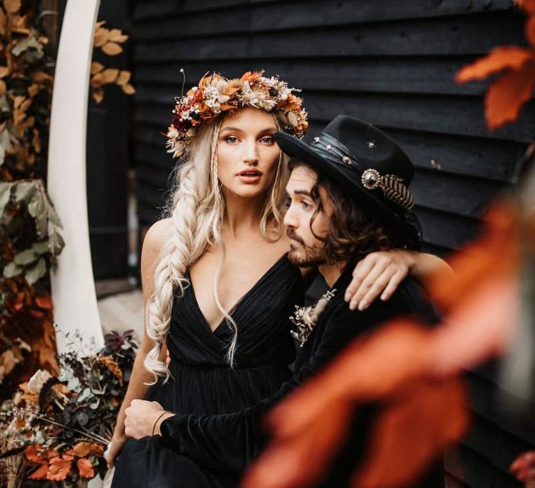 Bride with side braid and autumn flower crown